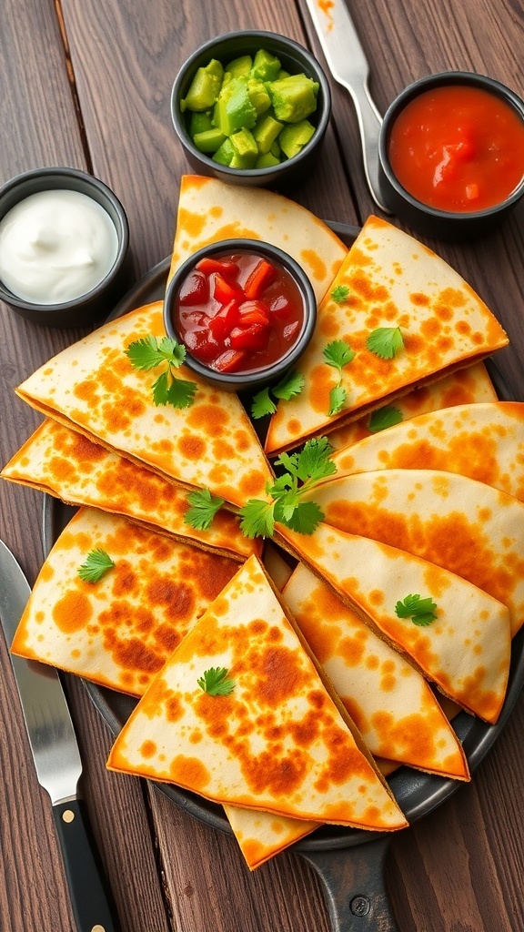 A colorful quesadilla platter with crispy wedges, salsa, guacamole, and sour cream on a rustic table.